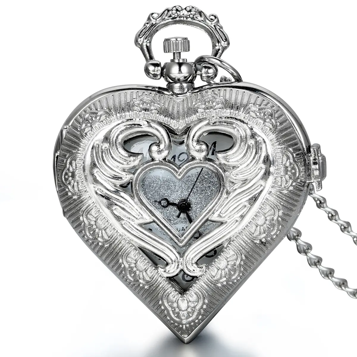 OIDEA Women's Vintage Pocket Watch Necklace - Metallic Alloy Angel Wing Openable Hollow Heart Locket, Quartz Movement, 1.44 inches, 0.047 kg, Water Resistant Statement Piece, Chain Link Sweater Chain for Anniversaries, Loved Ones