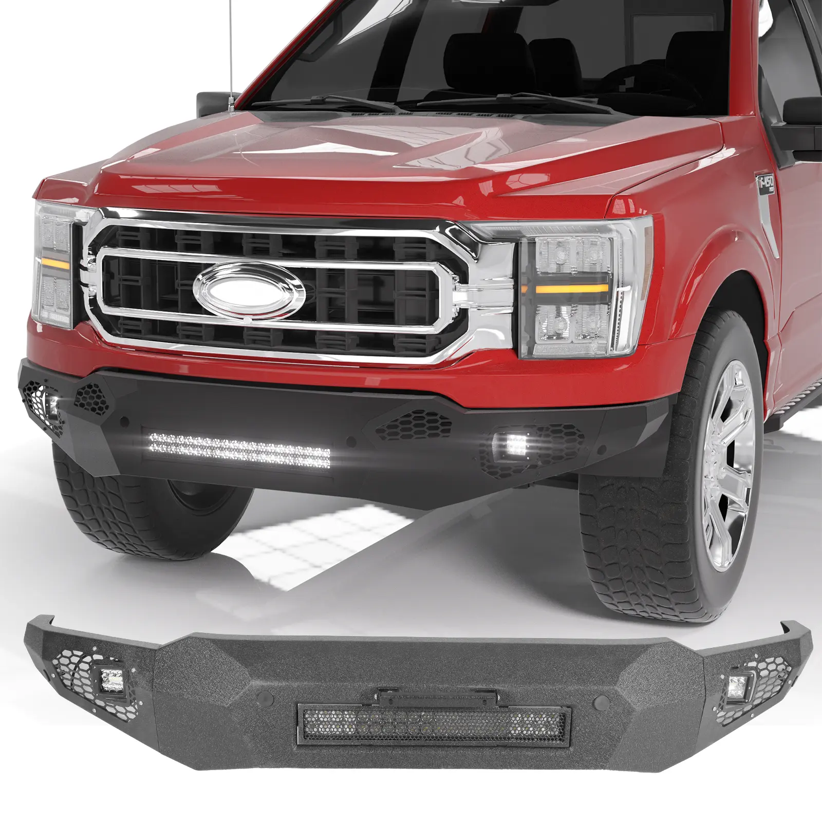 Front Bumper Compatible with 2021-2023 Ford F150 F-150 (Excluding Lighting EV & Raptor Mdoel), Full Width Bumper with Winch Plate, 120W Light Bar, 2x39W LED Lights, License Plate Bracket &Sensor Holes