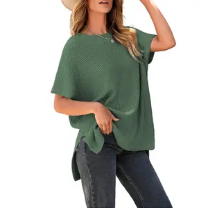 Shewin 2026 Spring/Summer Oversized Cozy Ribbed Knit Top Women’s Crew Neck Short Sleeve Pullover Elegant Solid Color Knitwear with Side Slit for All-Season Casual Outfits