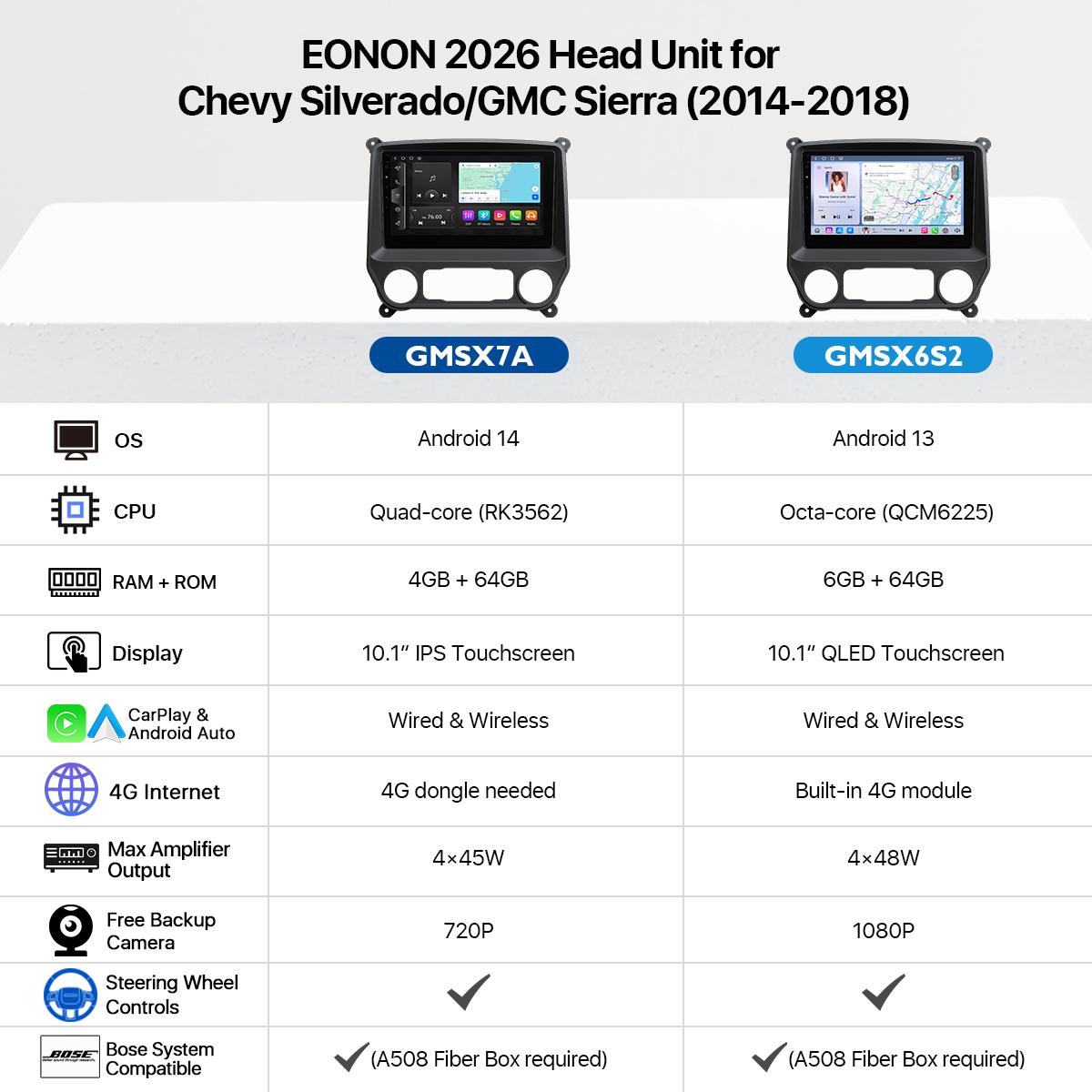 EONON Car Stereo for Chevy Silverado GMC Sierra 2014-2018, Wireless CarPlay & Android Auto Car Radio Touch Screen, 10.1" Android 13/14 Car head unit, SWC, Sub, BT, Backup Camera - GMSX7A / GMSX6S2