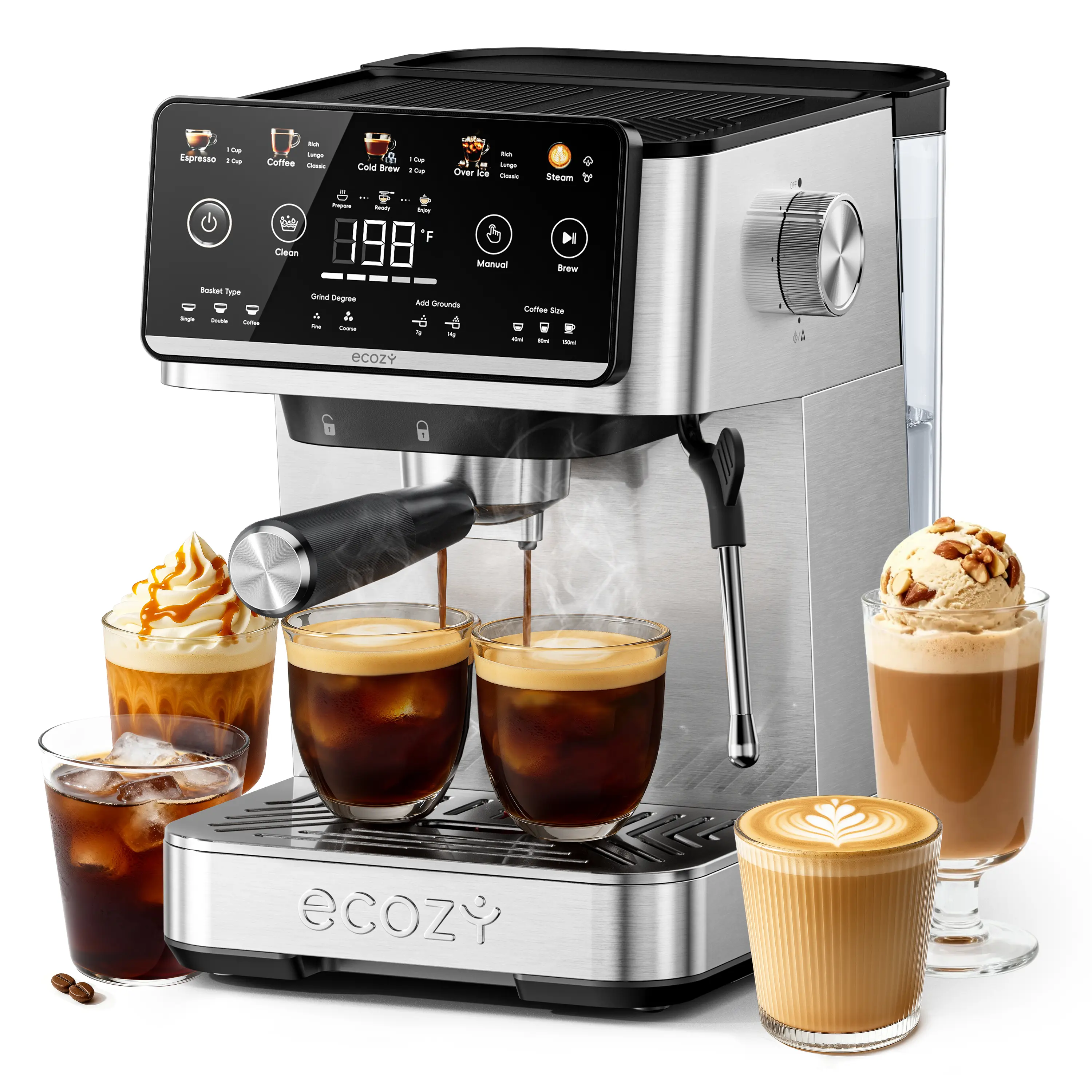 ecozy 4-in-1 Espresso Machine with Milk Frother, LED Touch Screen, 20 Bar Pump Espresso Maker, 50oz Removable Tank, Compact Stainless Steel, Drip Coffee, Cold Brew and Over lce Coffee Machine for Home Coffee Bar, Office, Latte, Cappuccino, Macchiato summe