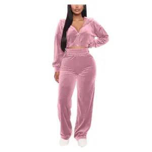 2025 Trendy Women’s Korean Velvet Zipper Jacket Straight Pants Set for Autumn Winter Outfits Clothes Womenswear Women's Lounge Sweatsuit Set Oversized Gamis Trouser Basic Fitted