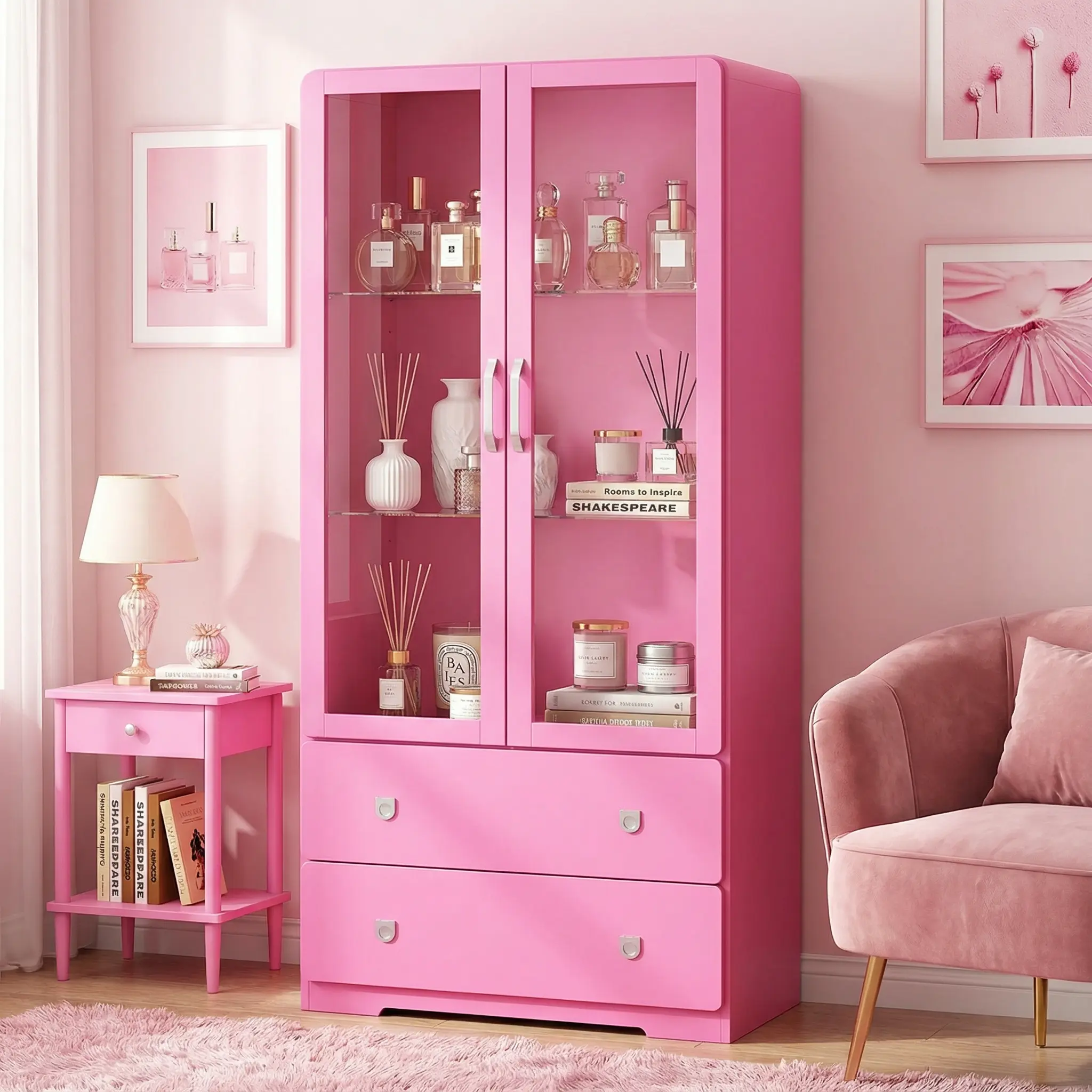 【Summervibes】RoyalCraft Display Cabinet with Acrylic Doors, Modern Storage Cabinet with LED Lights, Bookcase with Drawers & Adjustable Shelves, 3-Tier Curio Cabinet for Living Room, Home Office, DopamineDecor