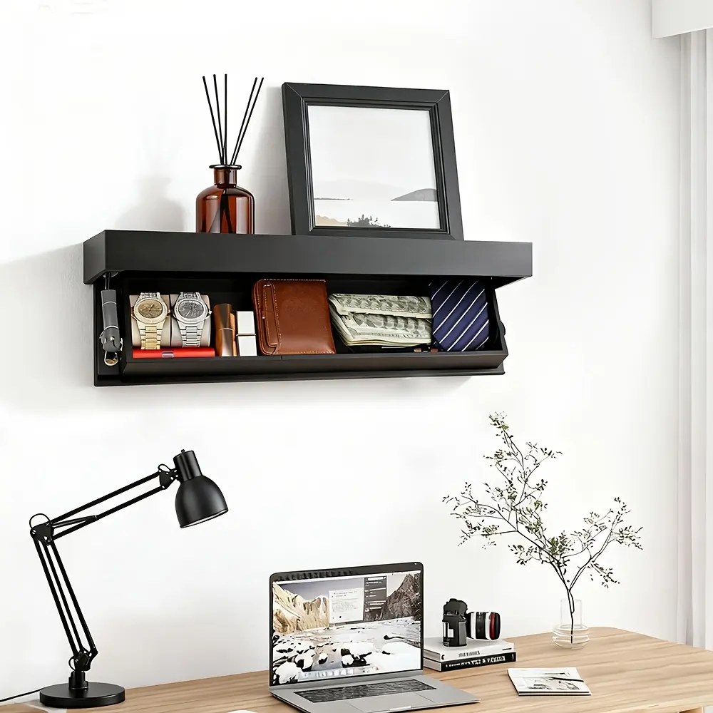 MIDOAIS  A modern, minimalist floating shelf with hidden storage compartments. This stylish black solid wood wall-mounted shelf is perfect for decorating living rooms, entryways, and offices.