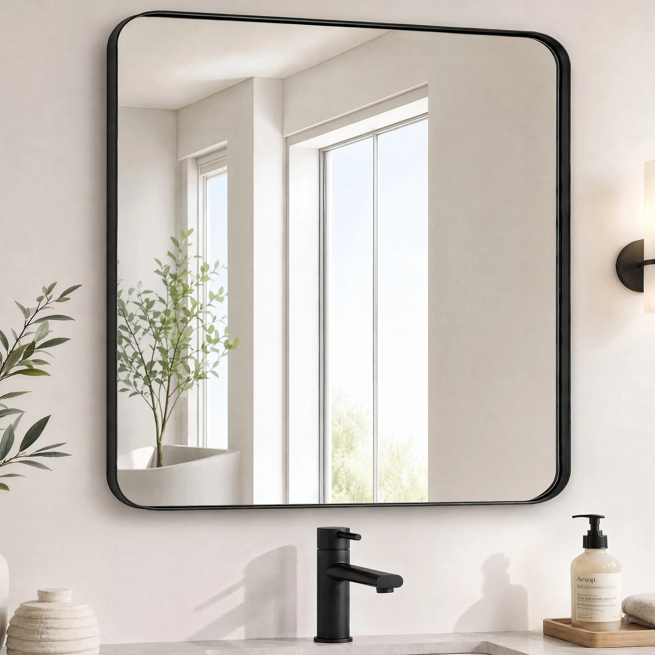 Sweetcrispy Rounded Rectangle Bathroom Wall Mirror - Black Anti-Rust Aluminum Frame, Tempered Glass, Hanging Mount, Horizontal-Vertical Installation for Home Restroom Decor