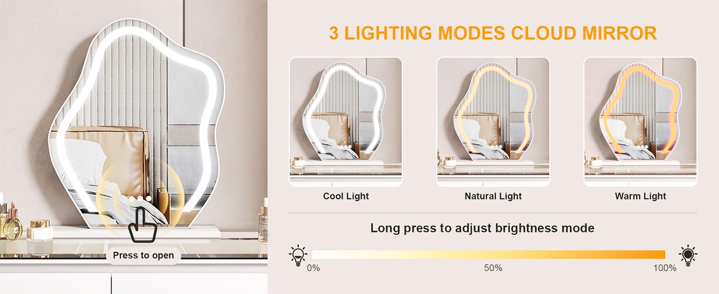 Miu Extendable Dressing Table with Drawers and Dresser, Corner Vanity Desk with Mirror，5-drawers，3-color-light