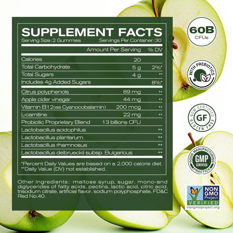 Apple Cider Vinegar Gummies  Formulated to Support Normal Energy Levels & Gut Health - Supports Digestion, Detox & Cleansing - ACV Gummies W/VIT B12 Dietary Edible Fitness