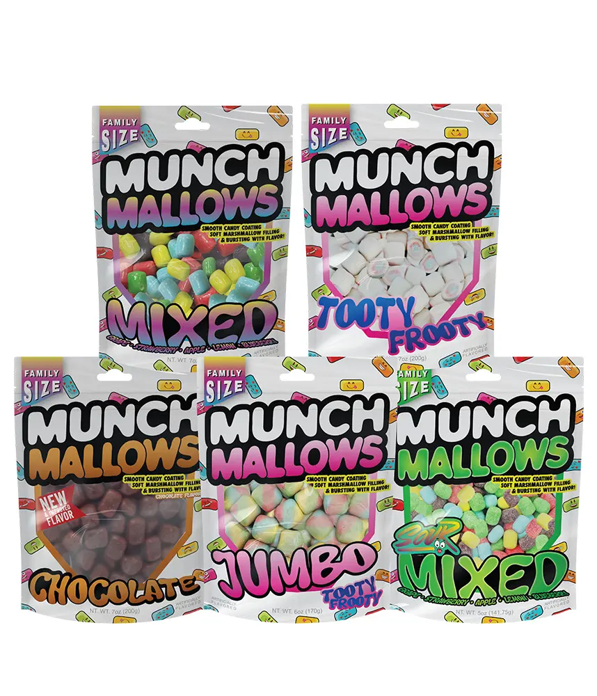 Munch Mallows Marshmallow Candy - Fruity Snack with Soft Marshmallow Inside & Candy-Coated Exterior Novelty Candies in Jumbo, Tooty Frooty, Chocolate, Mixed Fruit and Sour Flavors