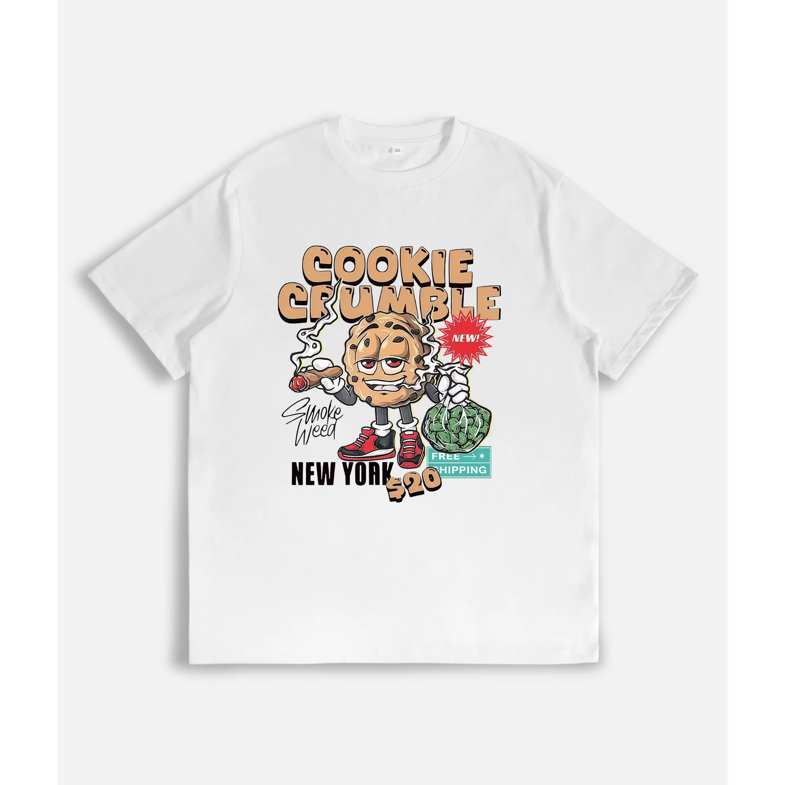 Men's 100% Soft Cotton Round Neck Short-Sleeve Tshirt - Fitted Classic Fit Unisex Casual Menswear Top with "Cookie Crumble" Character Graphic, Smoking Vibe, Hip-Hop/Streetwear Elements, Golf Gift Option, Printed Art, Digital Print (Refer to Size Chart)