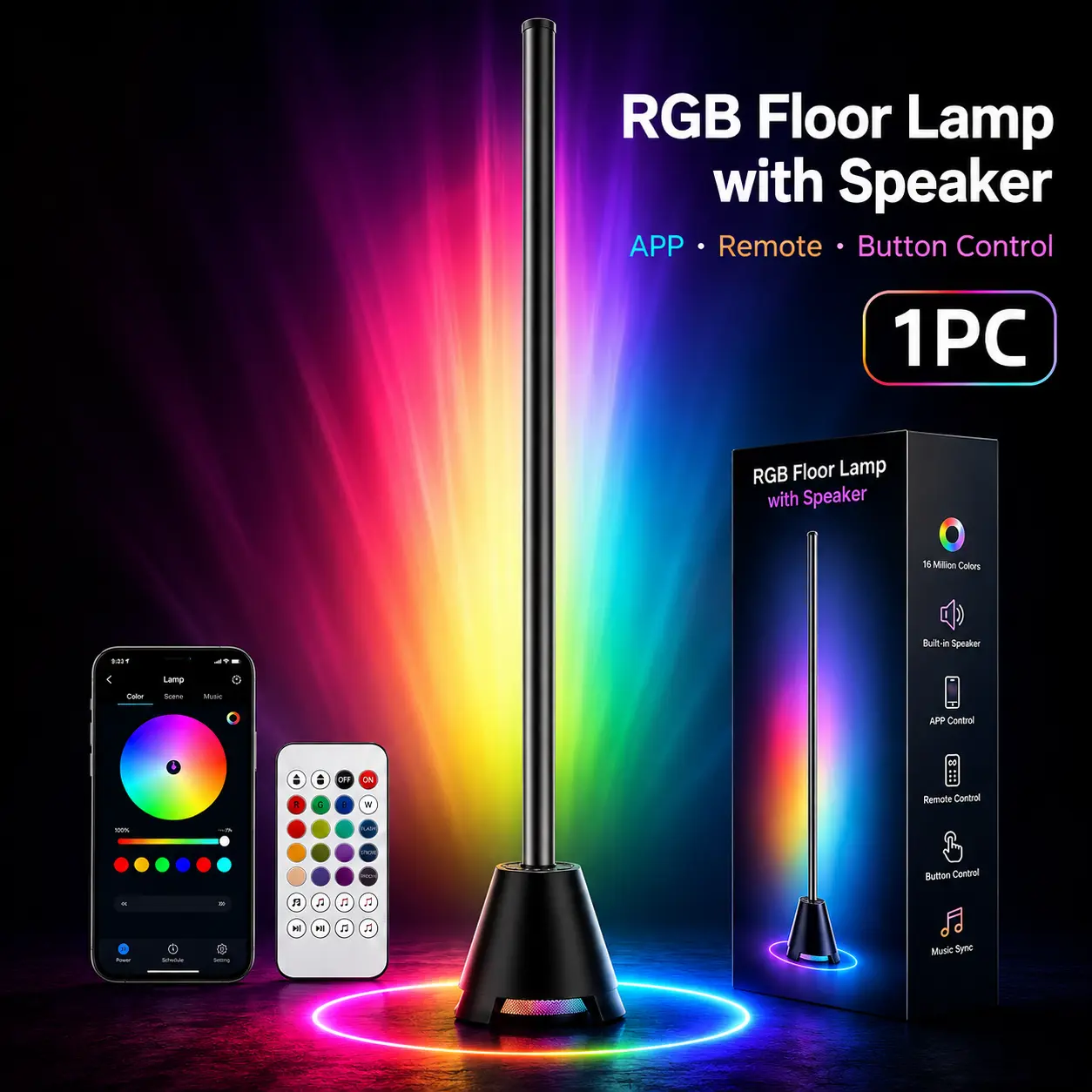 RGB Floor Lamp with Speaker - APP & Button Remote Control - 1PC - 16M Colors - Music Sync - Modern Indoor Lighting Fixture for Home Improvement