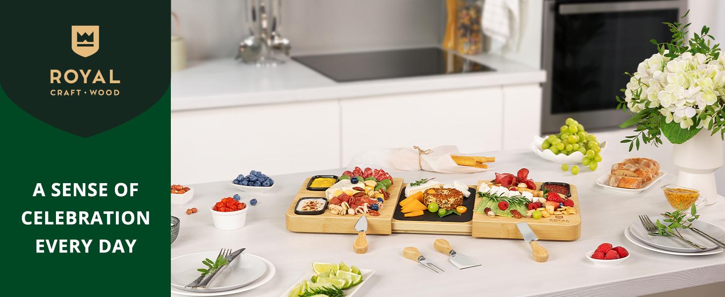 Royal Craft Wood Large Charcuterie Board, Board Set, Large Cheese Platter - Wooden Bamboo Cheese Board & Serving Tray with Cutlery Set- Royal Craft Wood Tableware