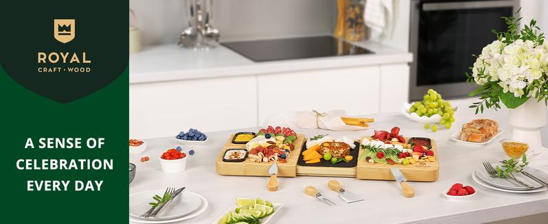 Royal Craft Wood Large Charcuterie Board, Board Set, Large Cheese Platter - Wooden Bamboo Cheese Board & Serving Tray with Cutlery Set- Royal Craft Wood Tableware