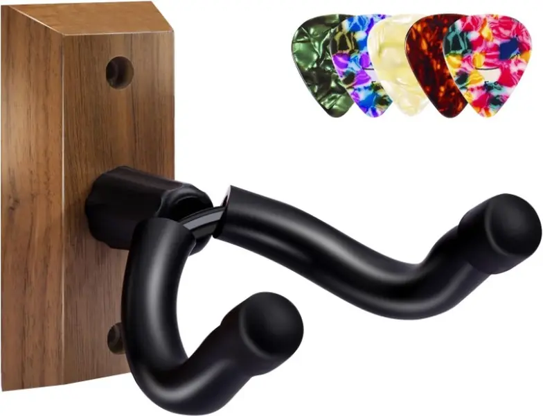 Black Walnut Guitar Wall Mount Hanger - Guitar Accessories Kit - 5 Picks Included - Compatible with Acoustic, Electric, Bass, Banjo