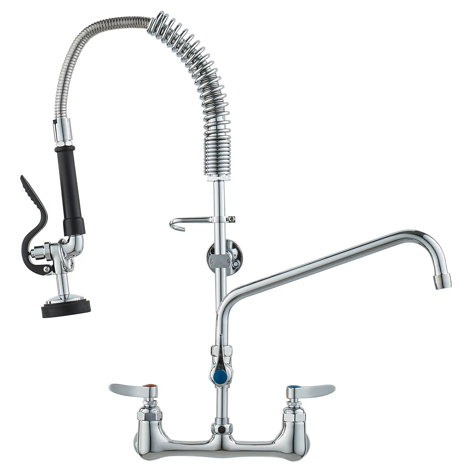 VEVOR Wall-Mounted Commercial Kitchen Faucet - Double-Handle Brass Build, 25" Tall Straight Design, 8" Adjustable Centers, 12" Rotatable Spout, Pull-Down High-Pressure Nozzle Pre-Rinse Sprayer, Ideal for Multi-Compartment Sinks, Rotatable Rotary Faucet