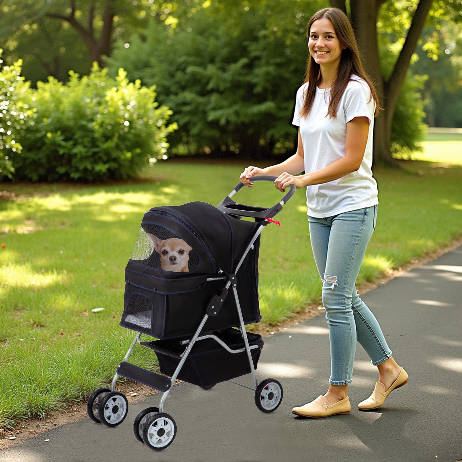 BestOffice 3/4 Wheels Pet Stroller for Cats & Dogs All Pets Up to 25lbs Foldable Travel Carrier Safety Leash & Mesh Windows Lightweight Jogger Stroller with Storage Basket