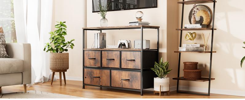 Cupboards Cabinets Entertainment Center with 5 Fabric Drawers, Media Console Table Storage Shelf for Bedroom/Living Room/Hallway, TV Stand Cupboards Cabinets Entertainment Center with 5 Fabric Drawers, Media Console Table Storage Shelf for Bedroom/Living Room/Hallway, TV Stand