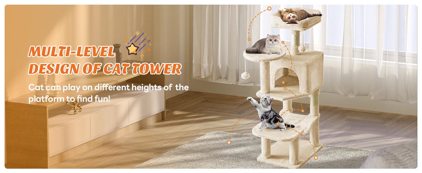 44/66 inch Cat Tree Tower, Multi-Cat Climbing Tower with Condo, Natural Sisal Scratching Posts, Extended Platform, Hammock, Pet House for Indoor Cats and Kittens Play