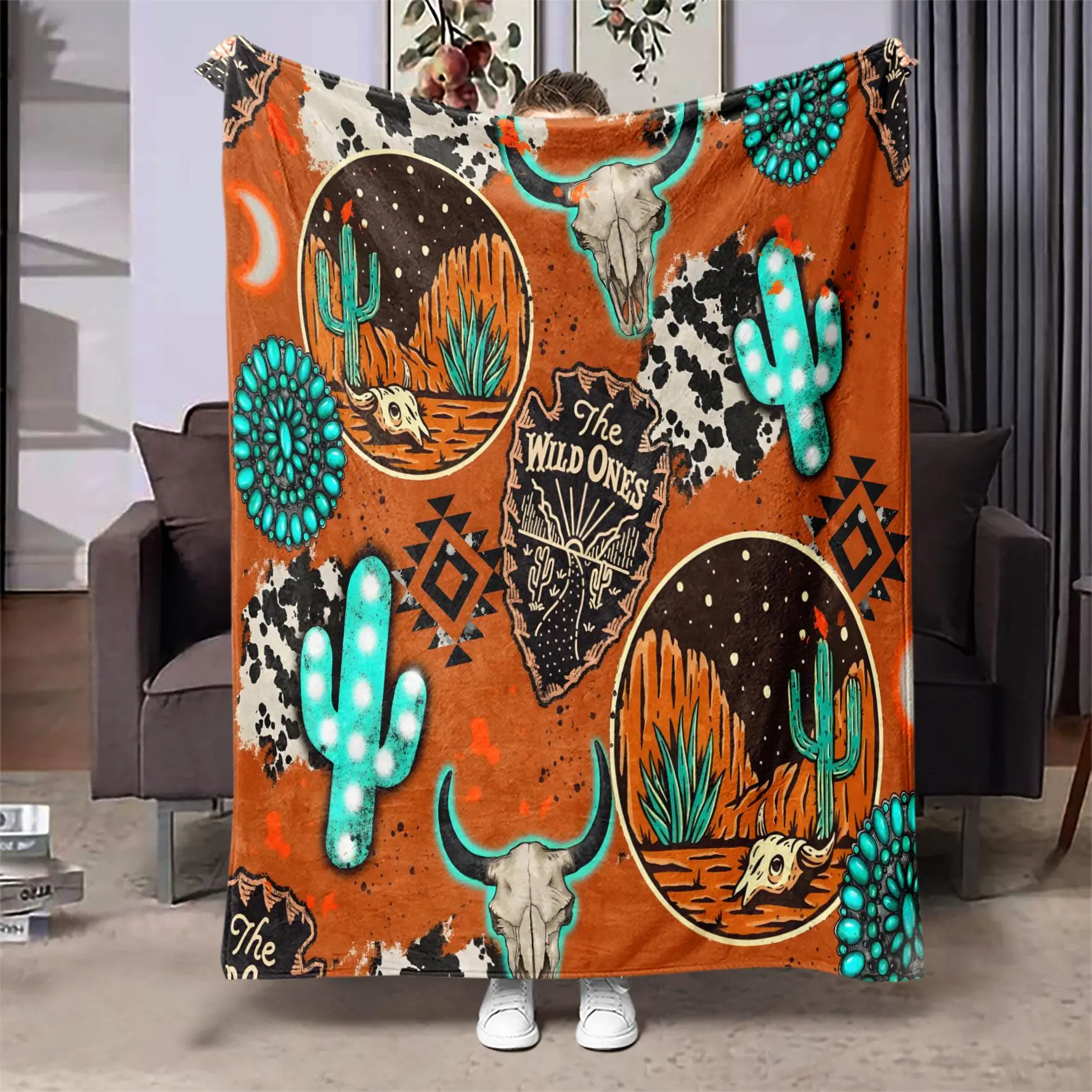 Cactus Pattern Soft Warm Throw Blanket 1/2 Counts Air-conditioned Room Warm Nap Blanket for Home Office Gift for Friends