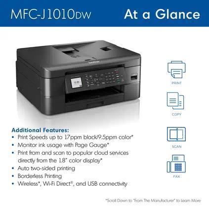MFCJ1010DW Brother MFC-J1010DW Wireless Color Inkjet All-in-One Printer with Mobile Device and Duplex Printing with Refresh Subscription Free Trial