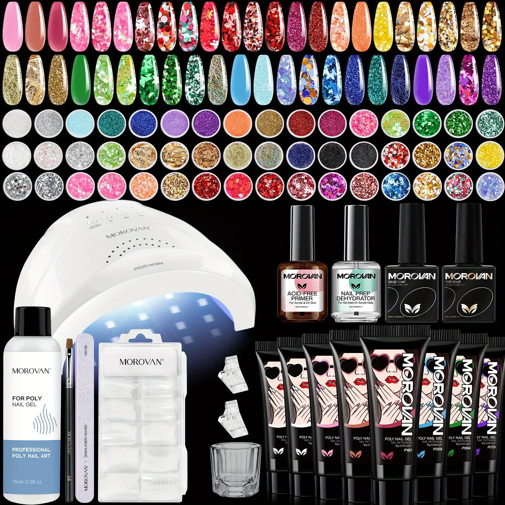 Morovan Deluxe All-Round Poly Gel Nail Kit, Mild Scent Nail Extension Set with UV Light Lamp, Shiny Decorations & Complete Manicure Tools For Home DIY Professional Nail Art