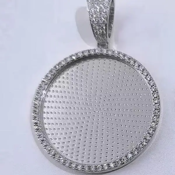 45mm Silver Iced Picture Pendant with Detailed Diamond Edge and Large Circle Shape