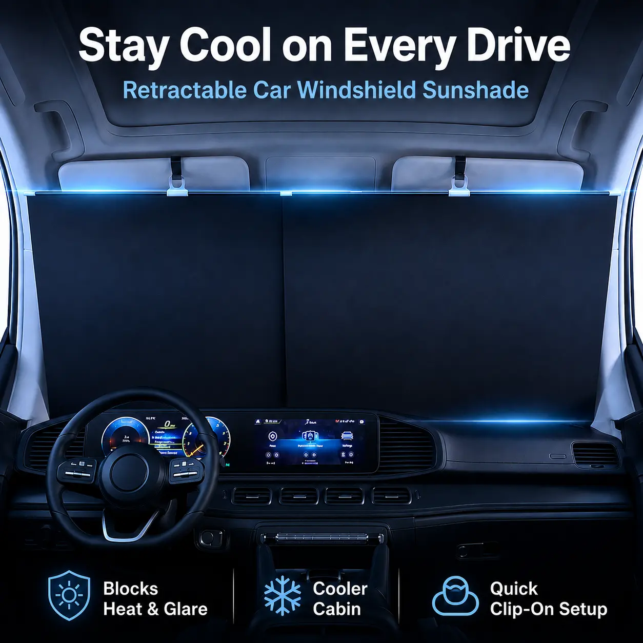 ToughGift Retractable Integrated Windshield Sun Shade, UV Protection Heat Insulation Front Window Sun Visor, Universal Automotive Sun Shield for Sedan SUV Truck Van Summer Use daily car damage