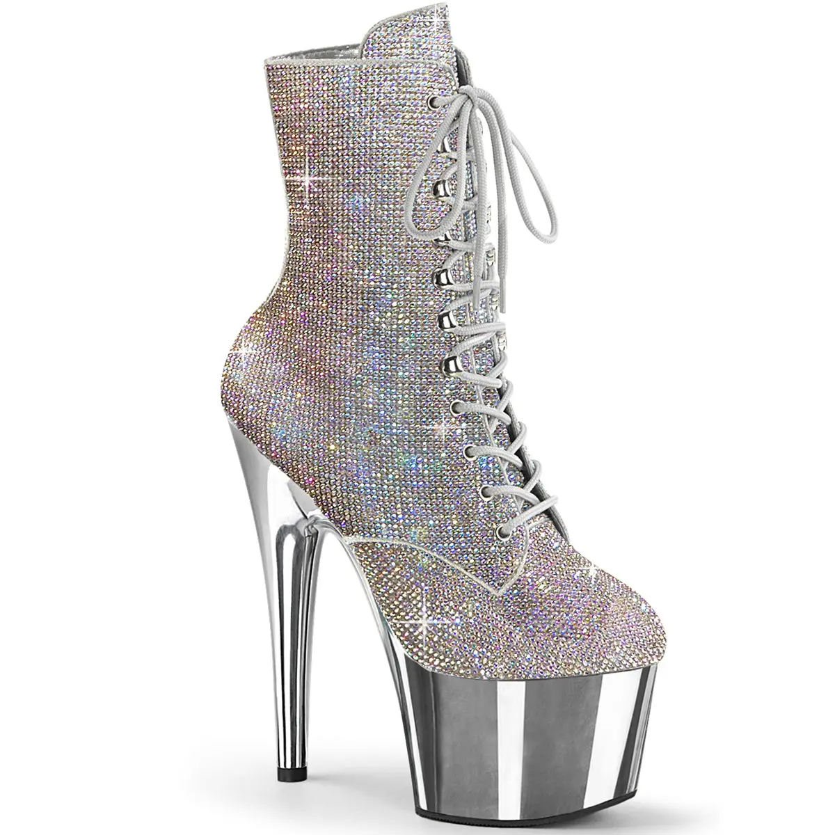 Pleaser Adore-1020CHRS Women's Allover Rhinestone Ankle Boots, Silver Lace-Up Platform Footwear with 7" Heel and Chrome Bottom, Statement Shoes, Party, Rhinestones
