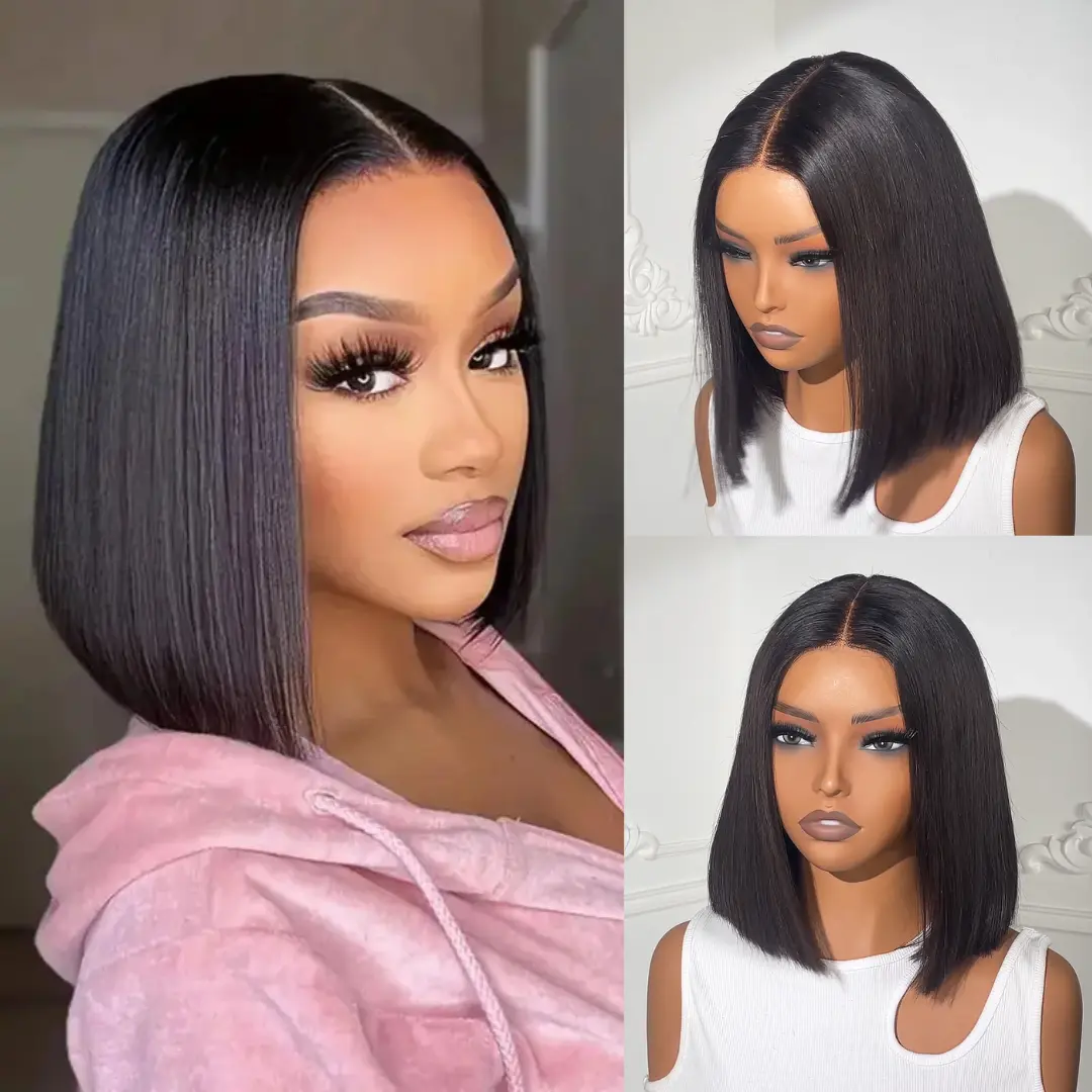 Kiss Love Hair Female Glueless Short Bob Human Hair Wig - Smooth Silky Straight, 2x6 Deep Part Pre-Cut Lace, Pre-Plucked Soft Hairline, Headband-Ready Frontal Wig No Glue Wig Lace Closure Wigs