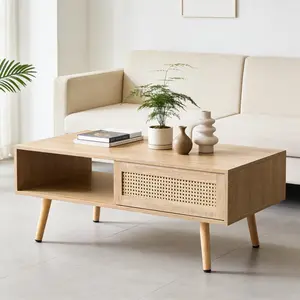 Boho Coffee Table for Living Room, 41.3" Rattan Coffee Table with Sliding Doors & Open Storage Shelf, Mid-Century Center Table for Small Space, Natural