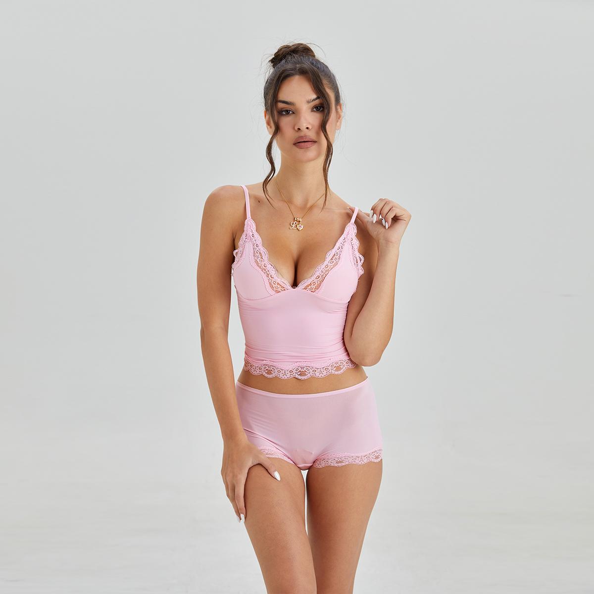 LUMENNEST Lounge Women's Minimalist Lace Series Spaghetti Strap Lace Trim Wirefree Breathable V-Neck Camisole & Panties Set, Basic Underwear Set
