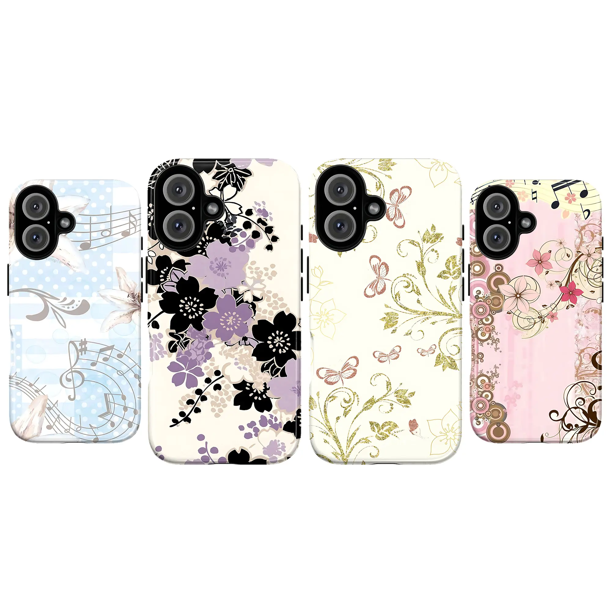Soft Girl Butterfly Flower Patterned Shockproof Tough Plastic Phone Case for Cottagecore Fans, Vintage Floral Music Notes Multi-Model Waterproof Cover for iPhone 17 16 15 14 13 12 11 Pro Max X XR XS & Galaxy S25 S24 S23 S22