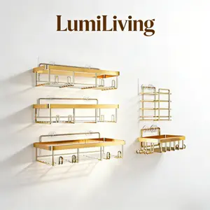 LumiLiving Luxury Gold 5-Piece Shower Caddy Shelf Organizer, Self-Adhesive No-Drill No-Damage Wall Mounted Storage with Hooks, Rustproof Stainless Steel for Modern Bathroom Decor, Home Essentials & Kitchen Organization
