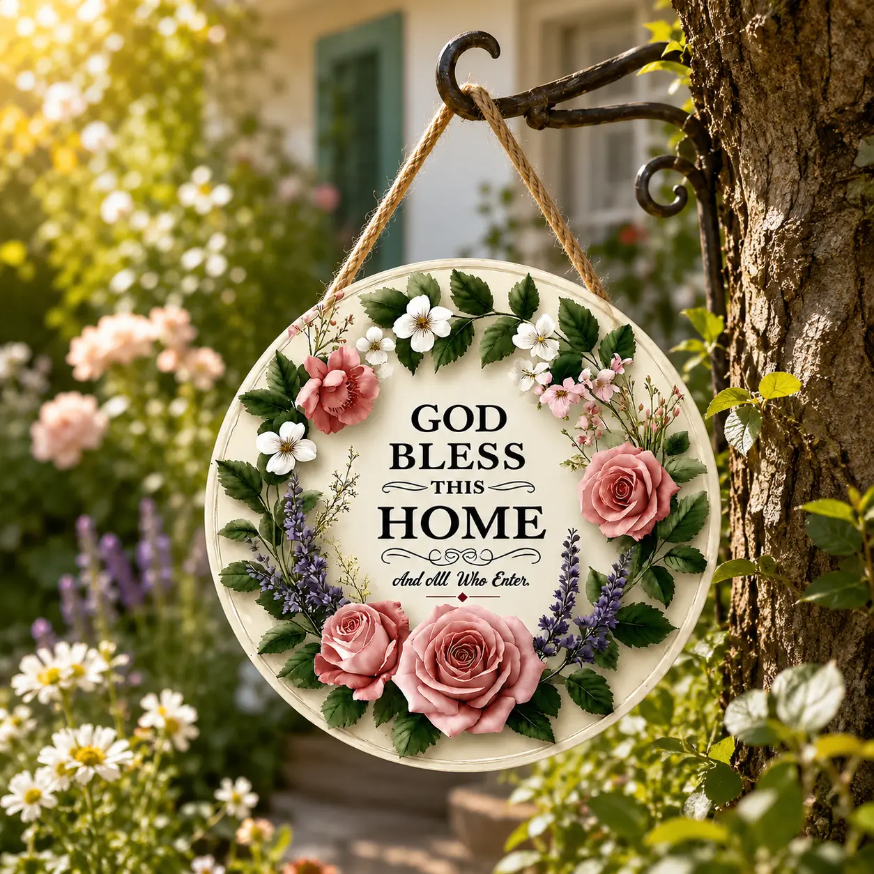 【summervibes】God Bless This Home Round Hanging Sign, Floral Wreath Wall Art, Farmhouse Front Door Hanger, Inspirational Home Decor, Christian Welcome Sign for Porch, Living Room, Housewarming Gift,garden,garage,se,aceptan,visitas,home,private,aluminum