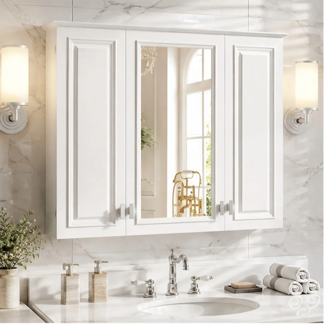 35-Inch 2-in-1 Wall-Mounted Bathroom Mirror Cabinet with 5 Adjustable Shelves, Solid Wood & MDF Medicine Cabinet, Over Toilet Storage, White Painted Finish, Modern Design for Bathroom, Bedroom, Living Room, White Color Options