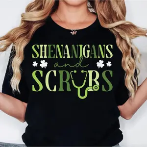 St Patricks Day Nurse T-Shirt Shenanigans Scrub Tee Gifts Made In USA For Women For Men [SaffronSequin 180G/230G 100% cotton short-sleeve/hoodie, soft and comfortable]