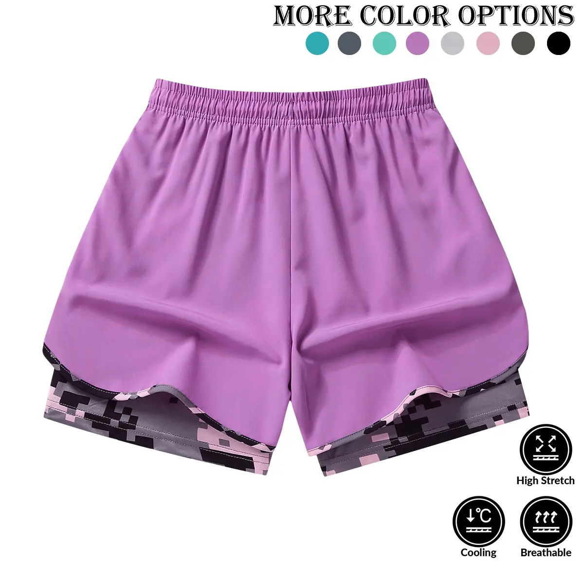 Women’s summer casual athletic shorts featuring a two-piece layered design with camouflage print, suitable for running and everyday workouts Women’s summer casual athletic shorts featuring a two-piece layered design with camouflage print, suitable for running and everyday workouts