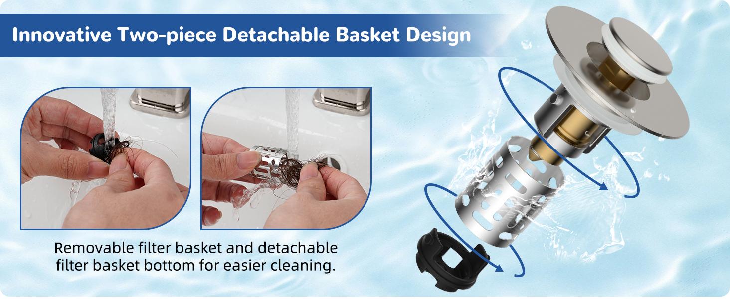 Hibbent Upgraded 3 in 1 Bathroom Sink Drain Strainer, Universal Pop Up Stopper with Removable Stainless Steel Filter Basket Hair Catcher, Sink Plug for 1.1''~2.36'' Basin, Brass Core, Brushed Nickel