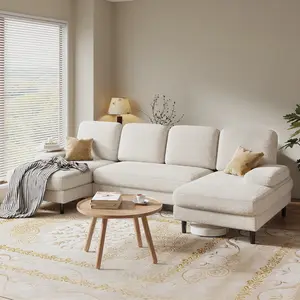 99" U-Shaped 6 Seat Sofa Couch for Living Room, Linen Fabric Sofa Bed with Removable Pillows for Home and Apartment