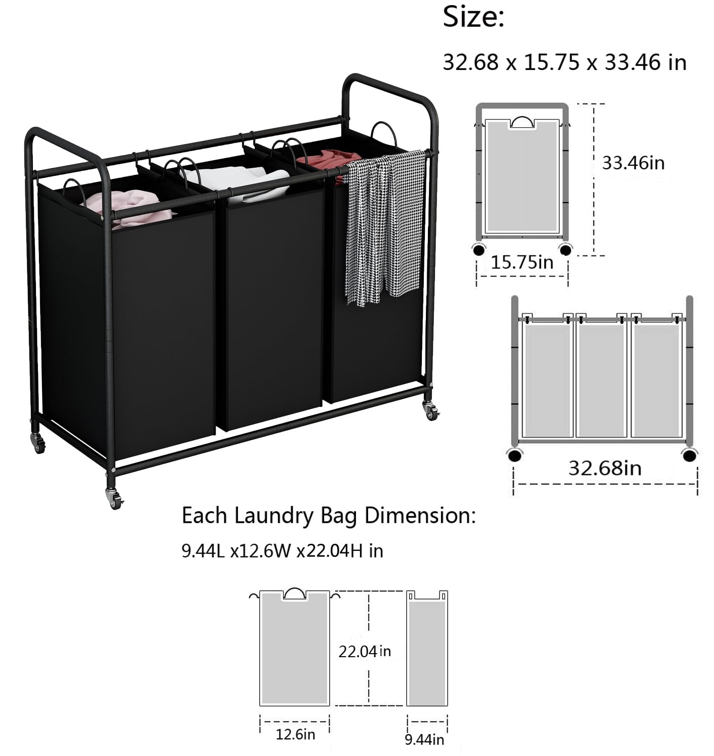 3-Bags Laundry Basket 240L with Heavy-Duty Lockable Wheels and Removable Storage Bag, Suitable for Bedrooms, Living Rooms, and Laundry Rooms - Sturdy and Durable Fabric Storage Box, Laundry Basket, Storage Bucket