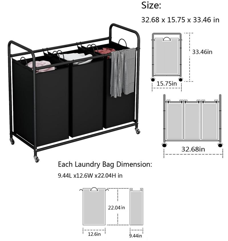 3-Bags Laundry Basket 240L with Heavy-Duty Lockable Wheels and Removable Storage Bag, Suitable for Bedrooms, Living Rooms, and Laundry Rooms - Sturdy and Durable Fabric Storage Box, Laundry Basket, Storage Bucket