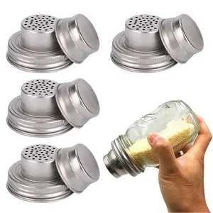 4 pack Stainless Steel Spice Shaker Mason Jar Shaker Lids with Silicone Seals REGULAR MOUTH Canning Lid for Spices Dredge Flour Sugar