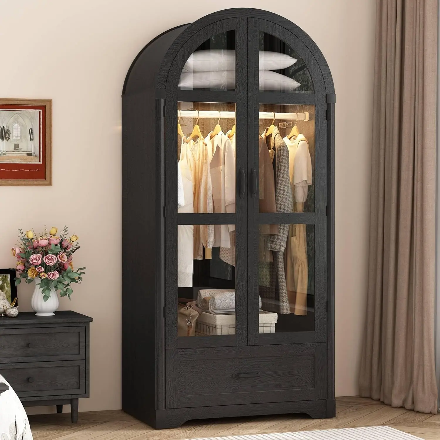 2 Doors Arched Armoire Wardrobe Closet w/Drawers,LED Light,Wooden Closet Wardrobe Cabinet with Hanging Rod for Bedroom,Modern Armoire Storage Cabinet w/Shelf,Black