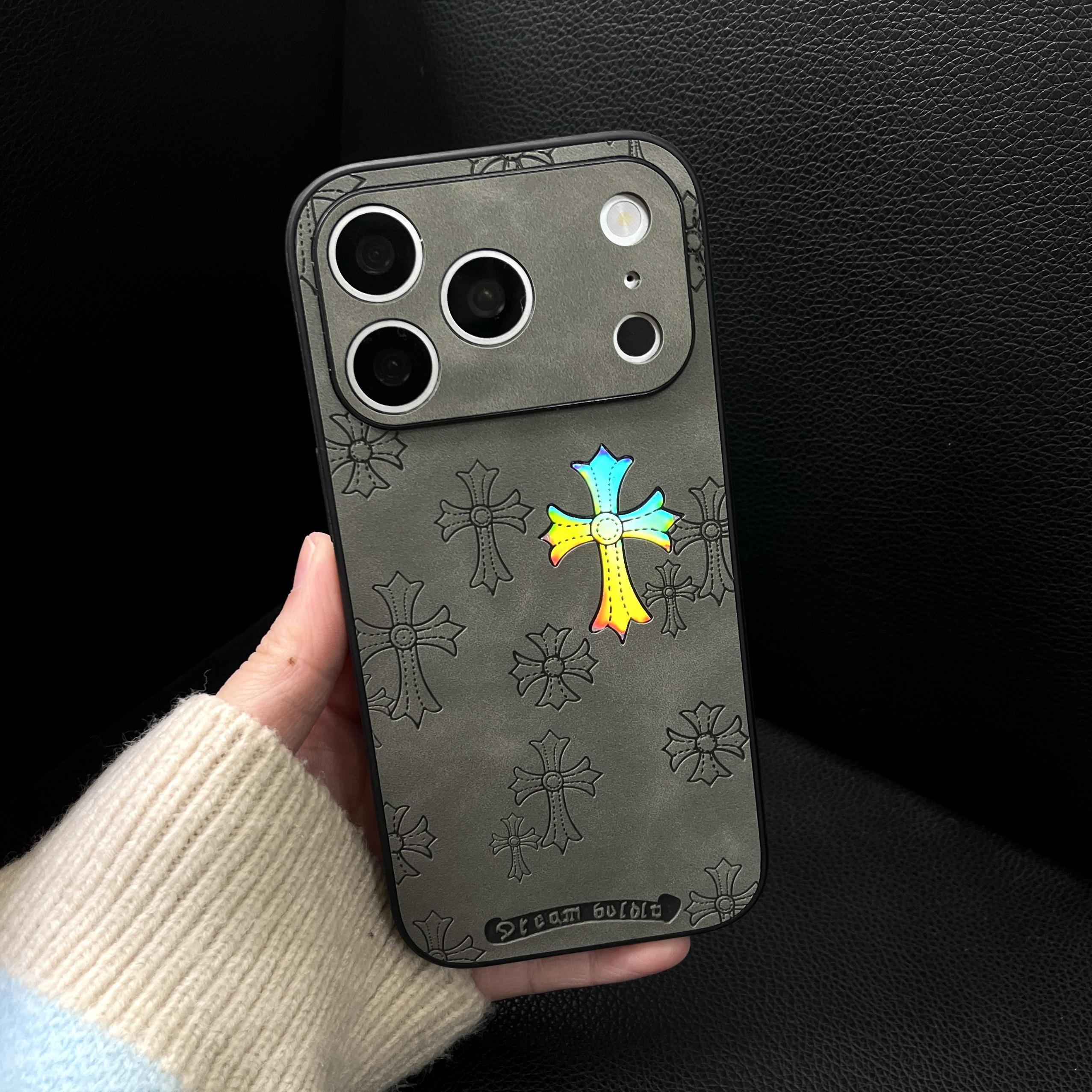 Cross-patterned laser gradient phone case, compatible with iPhone 17/16/15/14/13/12/11 Pro/Max/Air, features a slim-fit design with PU leather and TPU back cover, providing drop protection. Also compatible with iPhone 16/15/14 Plus.