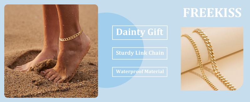 TEWIKY Dainty Layered Waterproof Anklet For Women Adjustable Womens Anklet Set Stackable Figaro Beaded Cuban Link Anklets Beach For Summer