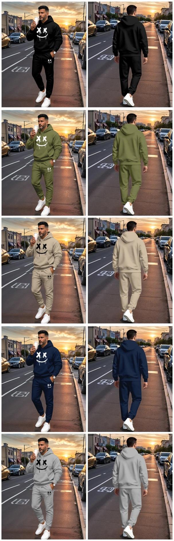 Men's Smiling Face Printed Hoodie and Drawstring Sweatpants Set, Menswear, Casual Athletic Long Sleeve Hooded Jacket & Trousers for Fall & Winter, Men's Clothing for Daily Wear, Sportswear Indoor Outdoor, Tracksuit, Athleisure Summer Clothes