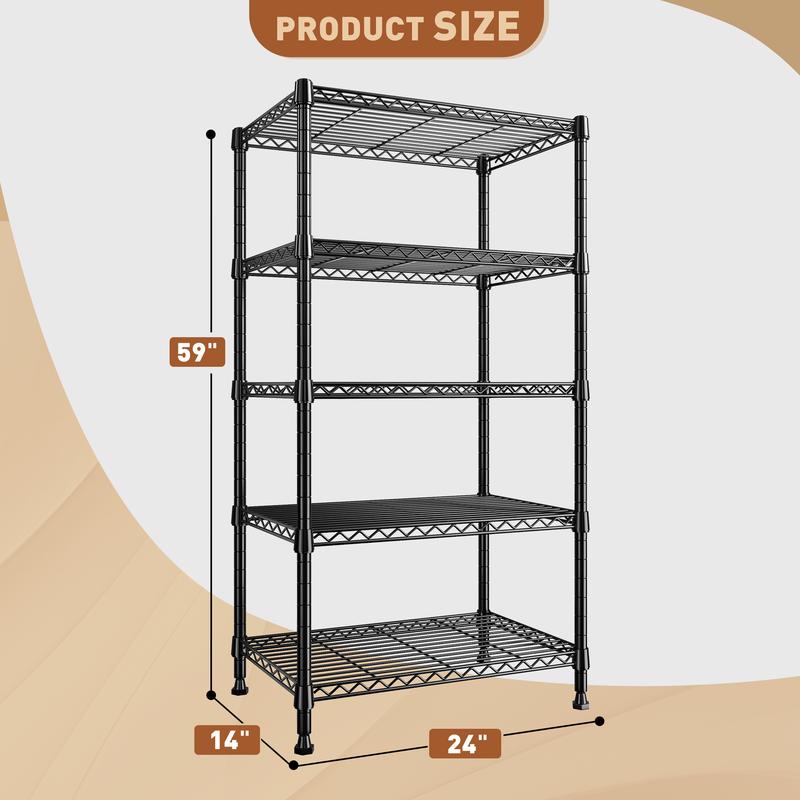 【Storage Shelf】5-Tier 59''H Storage Shelving Unit, Height is freely Adjustable & No Sharp Edges,Heavy duty & Safer Shelf,Garage tool box Standing Shelf,Closet rack,Shoe rack,Kitchen Appliance Storage Rack,The All-in-One Value,59"H*24"W*14"D