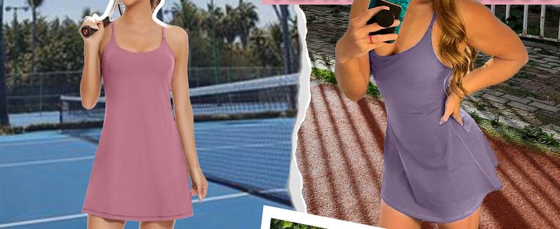 Womens Tennis Dress, 2-in-1 Golf Workout Dress with Built-in Bra & Shorts Pockets, Athletic Dresses with Adjustable Strap