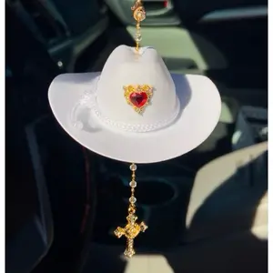 Car Blessing Charm, Different Color Heart charms , Handmade Protection Gift Decoration, White Sombrero, Cross pendant