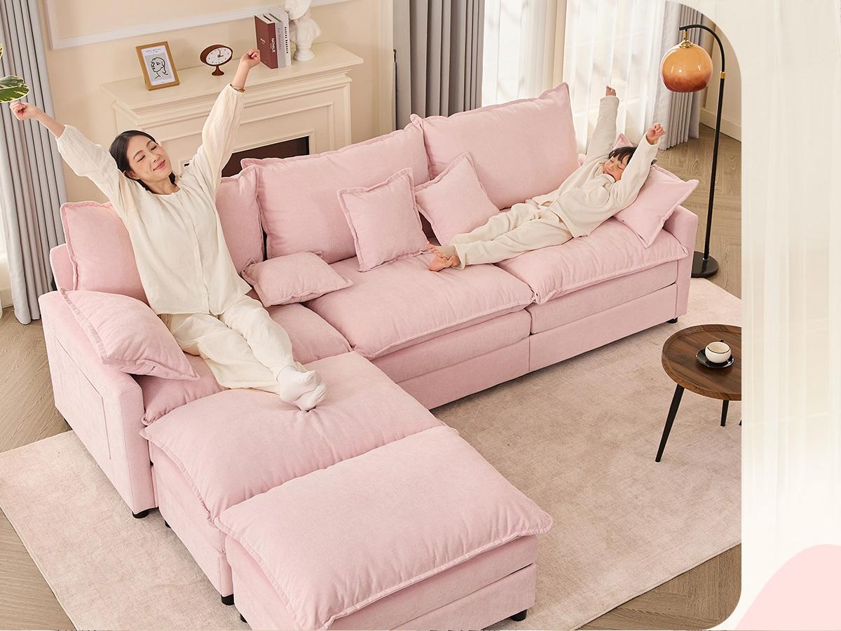 【2 Packages Shipping】GOSUHI 108" U-Shaped Modular Sectional Sofa - Comfy Cloud 3-Seater with 2 Movable Ottoman, Cloud Sofa,Deep Seat Linen Couch for Living Room, Beige Color ,Comfort & Stylish Design,Chenille pink