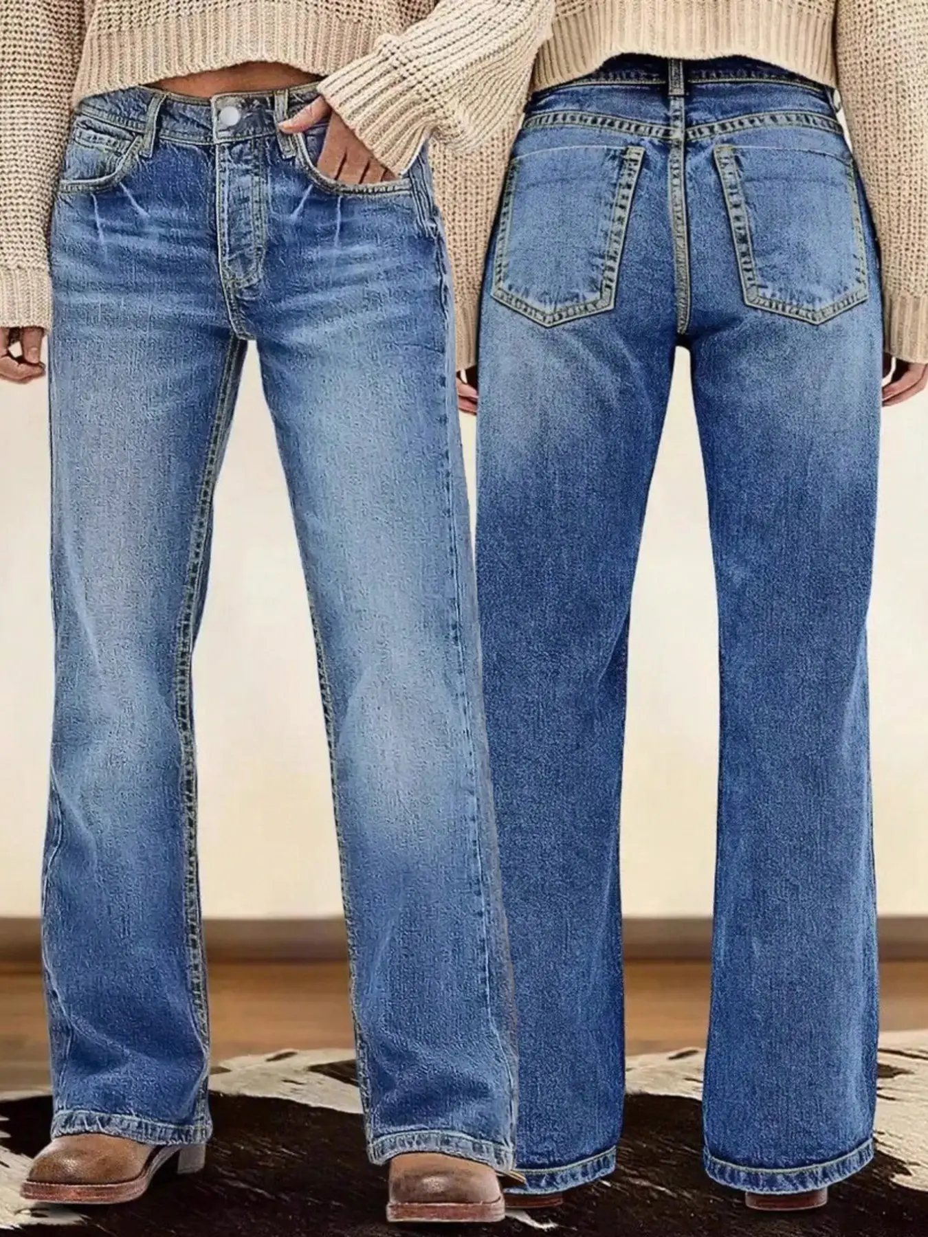 Women's Vintage-Washed Distressed Straight-Leg Jeans, American Workwear-Inspired Casual Denim Pants